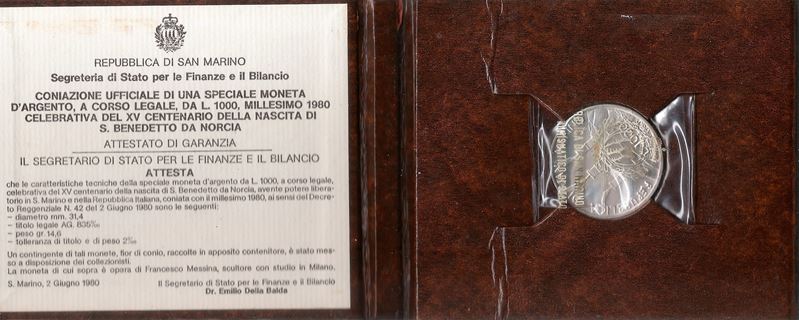 Coniazione ufficiale di una speciale moneta d'argento a corso legale da L.1000 millesimo 1980 cel...