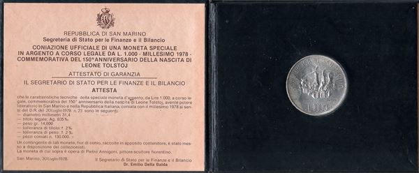 Official minting of a special legal tender silver coin of L.1000 Millesimo 1978 commemorating the 150th anniversary of the birth of Leo Tolstoy