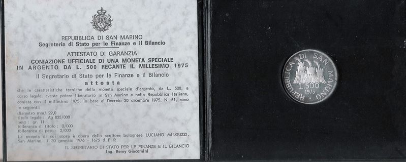 Coniazione ufficiale di una moneta speciale in argento da L.500 recante il millesimo 1975