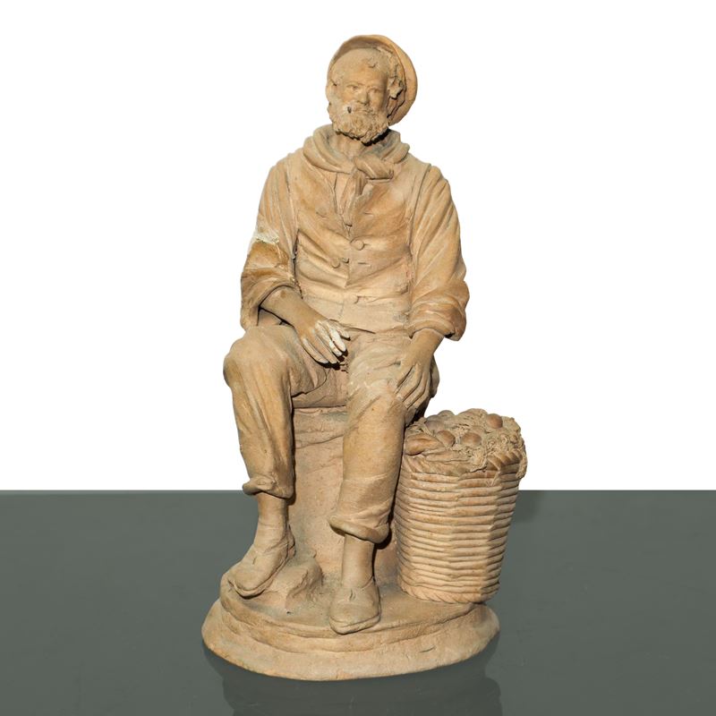 Contadino con cesto di frutta