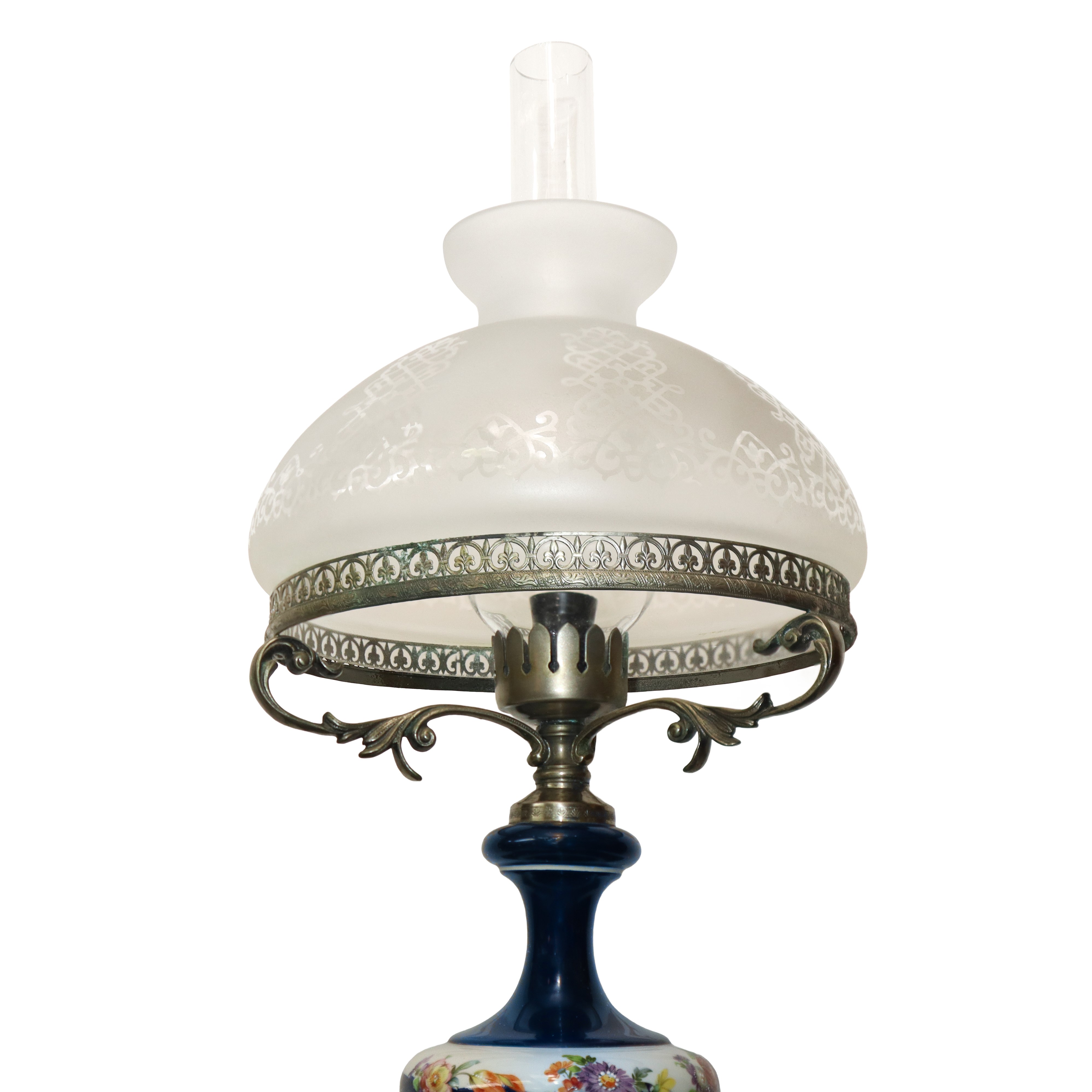 Lume in Porcellana Blu e Bianca e Decorazione Floreale con Inserti in Metallo