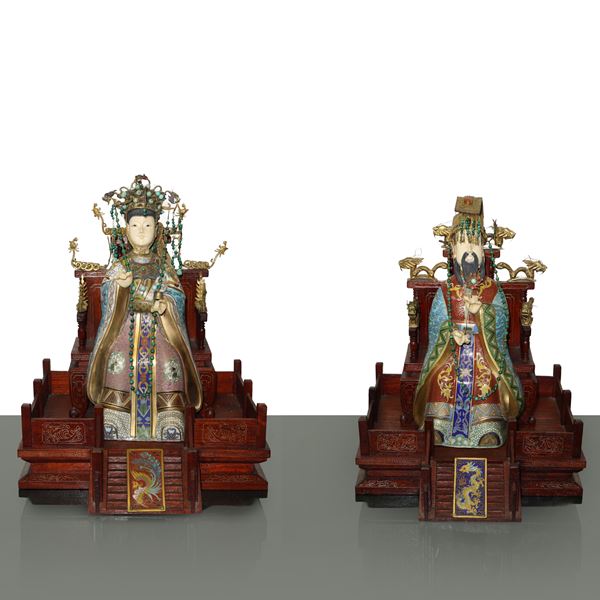 Chinese Emperor and Empress, pair of sculptures on wooden base