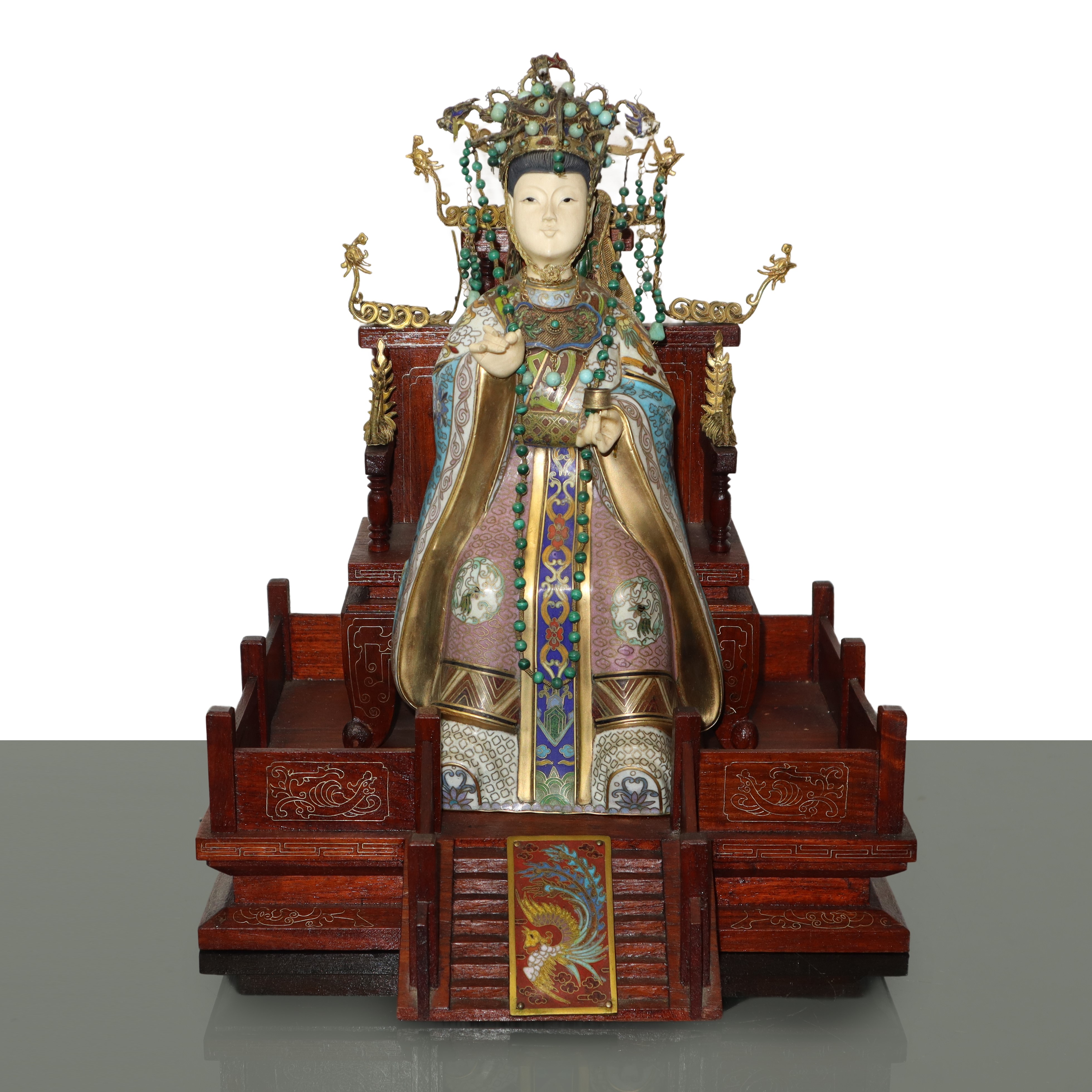 Imperatore e imperatrice cinesi, coppia di sculture su base in legno