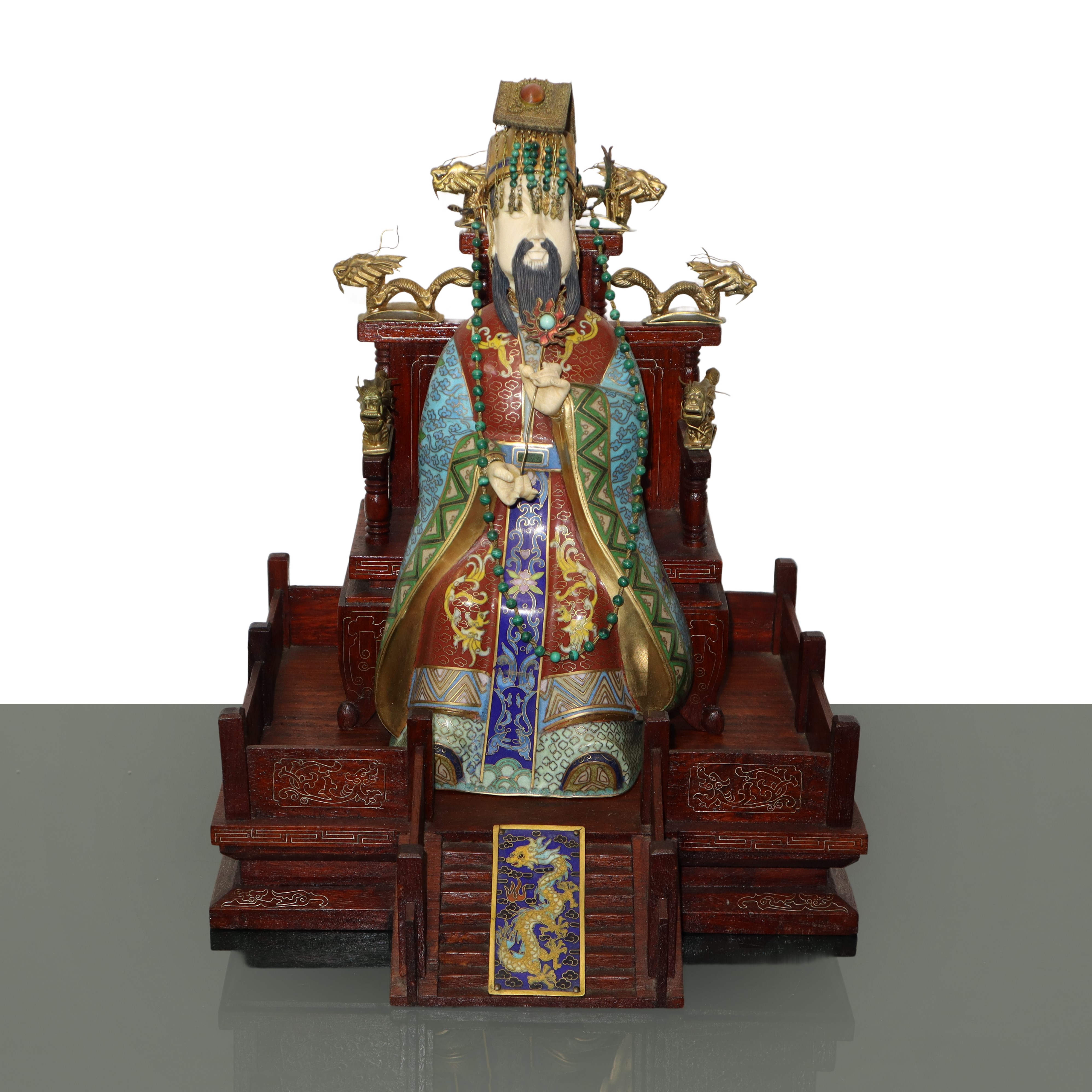 Imperatore e imperatrice cinesi, coppia di sculture su base in legno