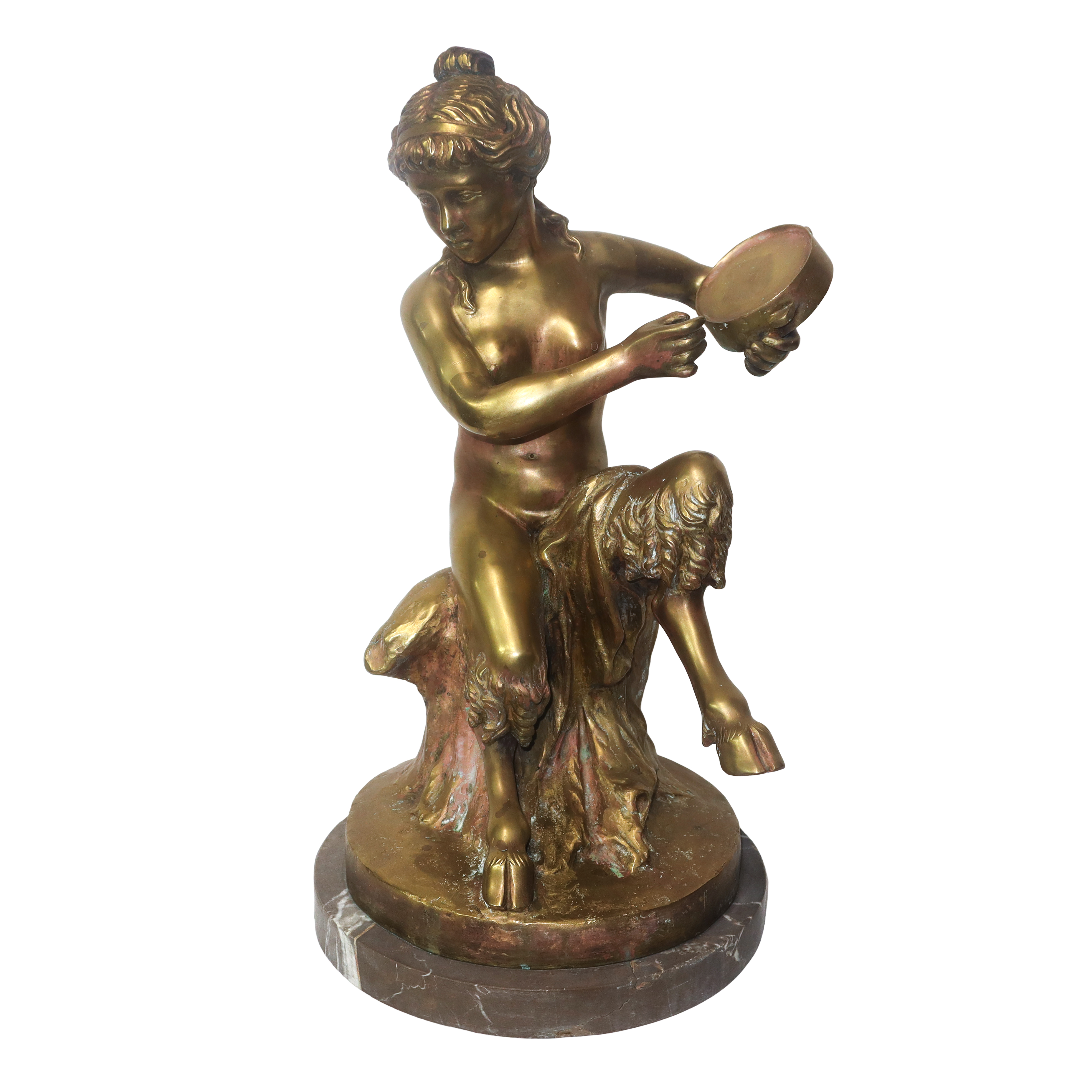 Fauni suonatori, coppia sculture in ottone patinato oro con base in marmo