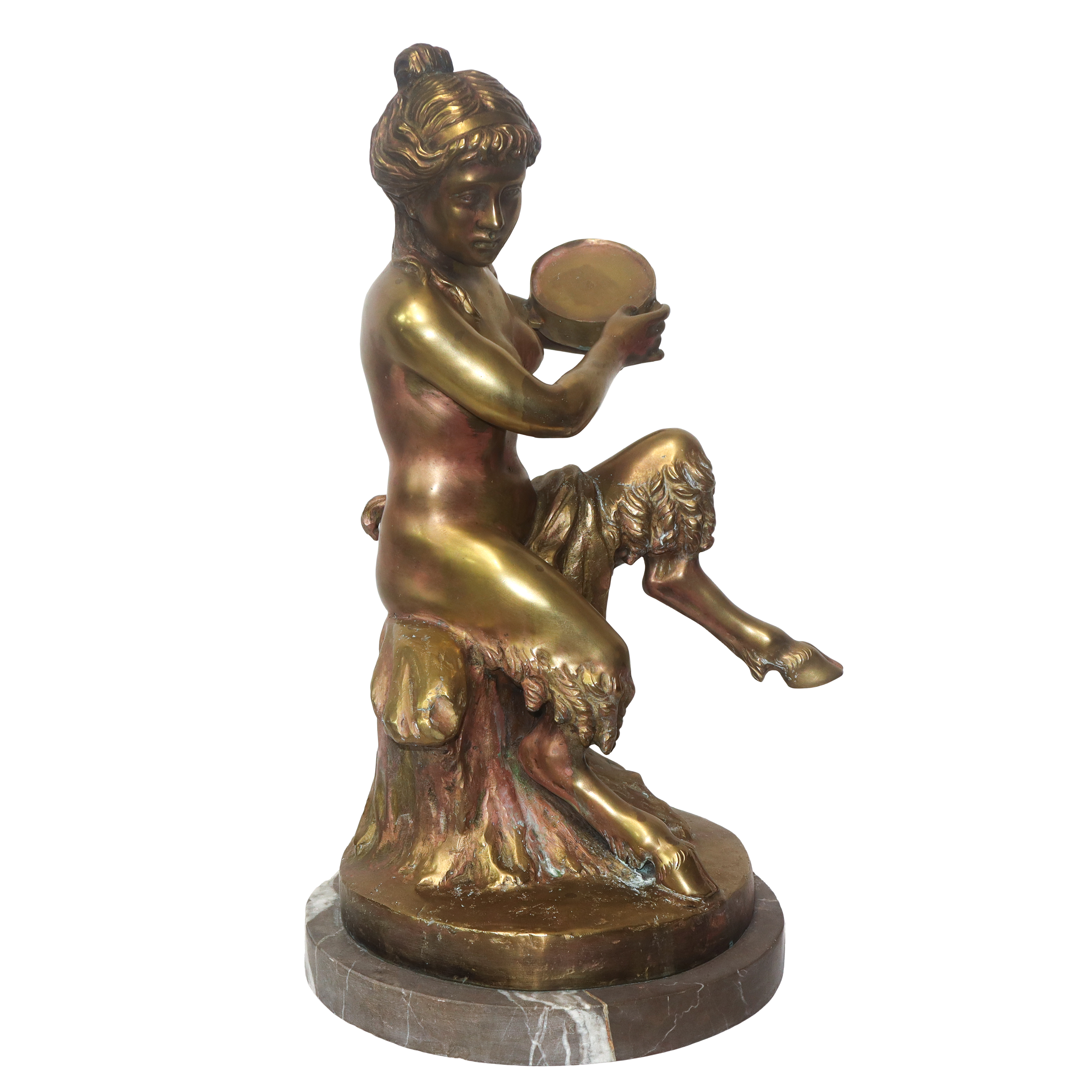 Fauni suonatori, coppia sculture in ottone patinato oro con base in marmo