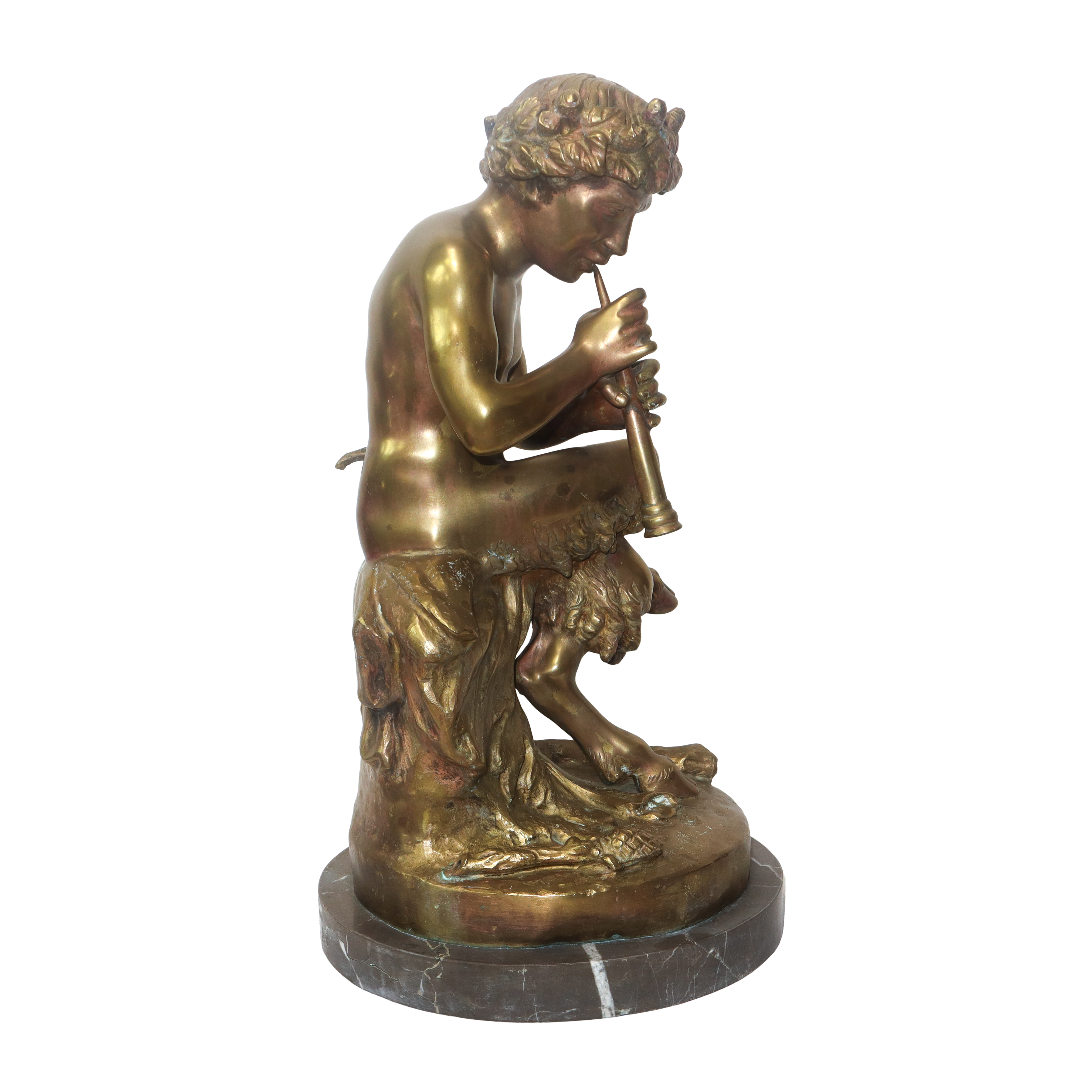 Fauni suonatori, coppia sculture in ottone patinato oro con base in marmo
