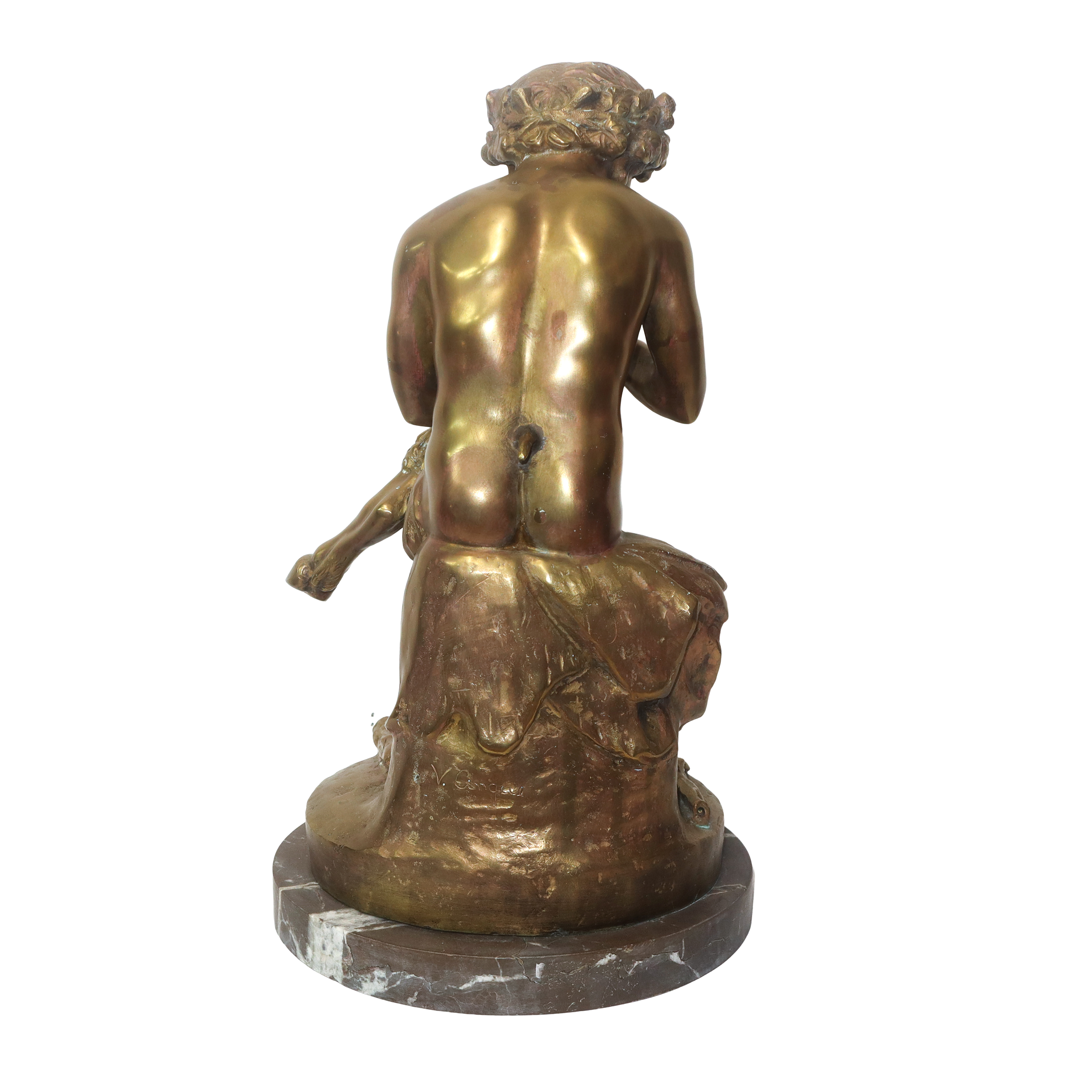 Fauni suonatori, coppia sculture in ottone patinato oro con base in marmo