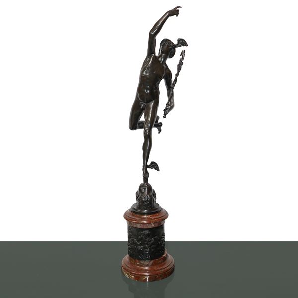 Mercury, bronze sculpture with marble base and bronze detail decorated in relief