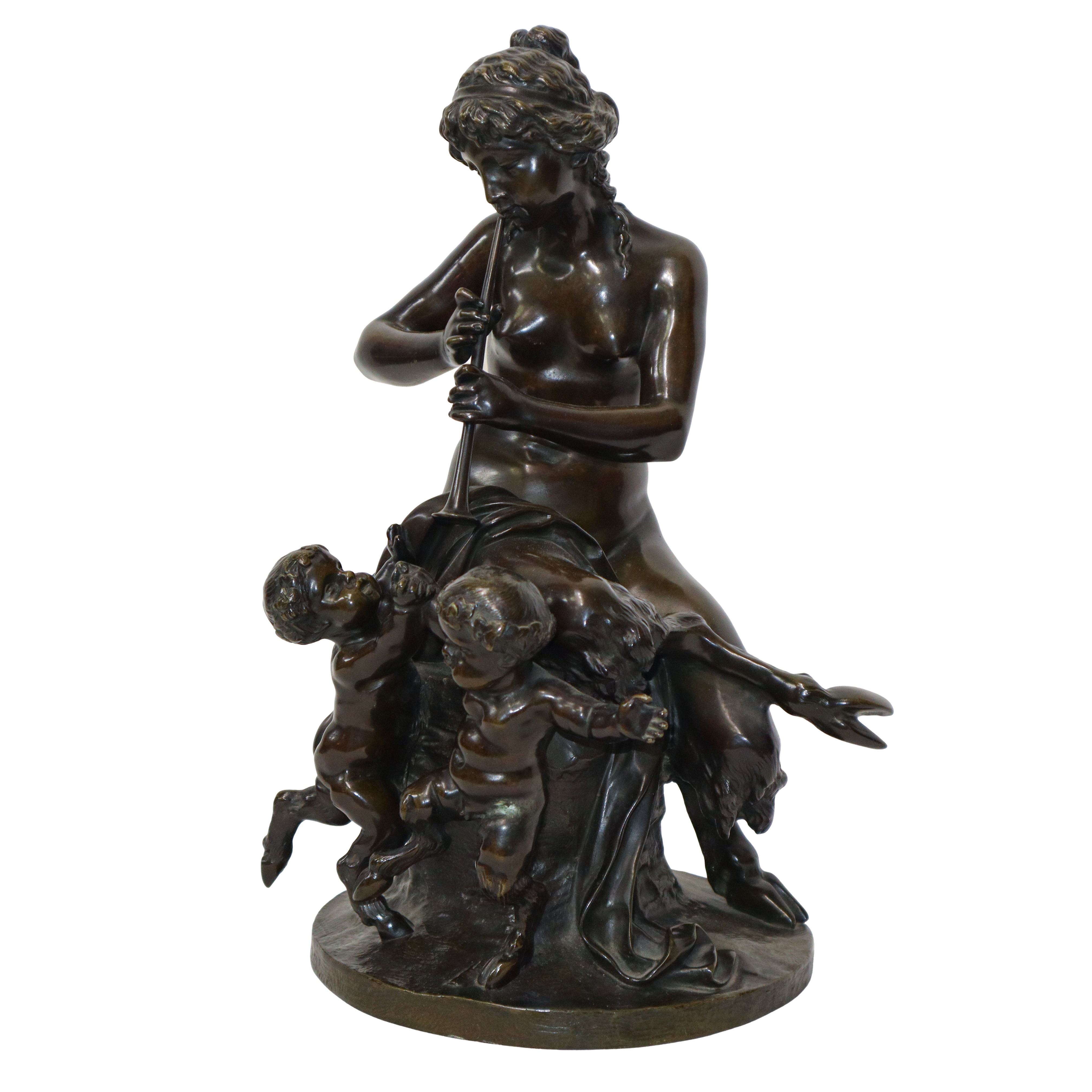 Donna satiro, bronzo patinato bruno a cera persa su base in legno