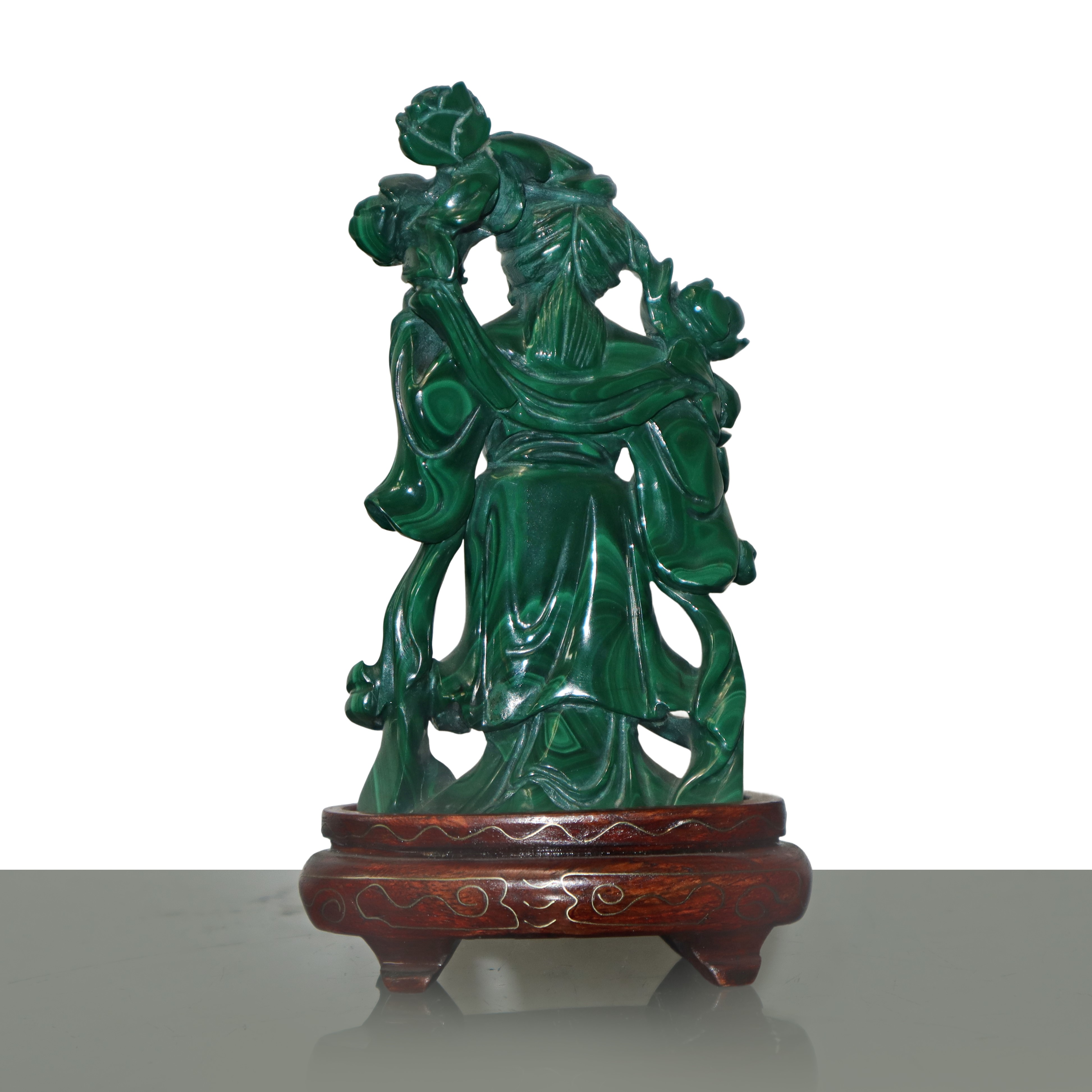 Guanyn in malachite con base in legno, altezza 15 cm