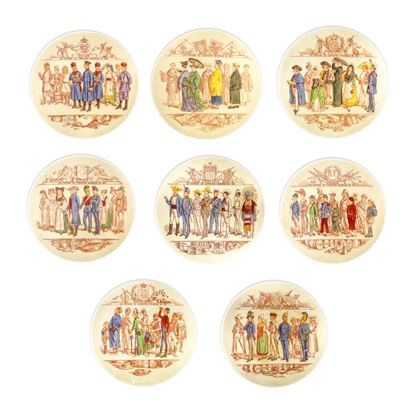 Sarreguemines - 10 decorative wall plates "Les Visiteurs de l'exposition Universelle de 1889" in Sarreguemines ceramic
