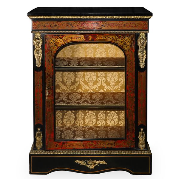 Low sideboard with boulle glass display case, veneered and inlaid with brass, bronzes on the sides and black ebonized wood 