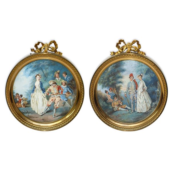Pair of genre scenes within a circular gold frame with a bow at the top