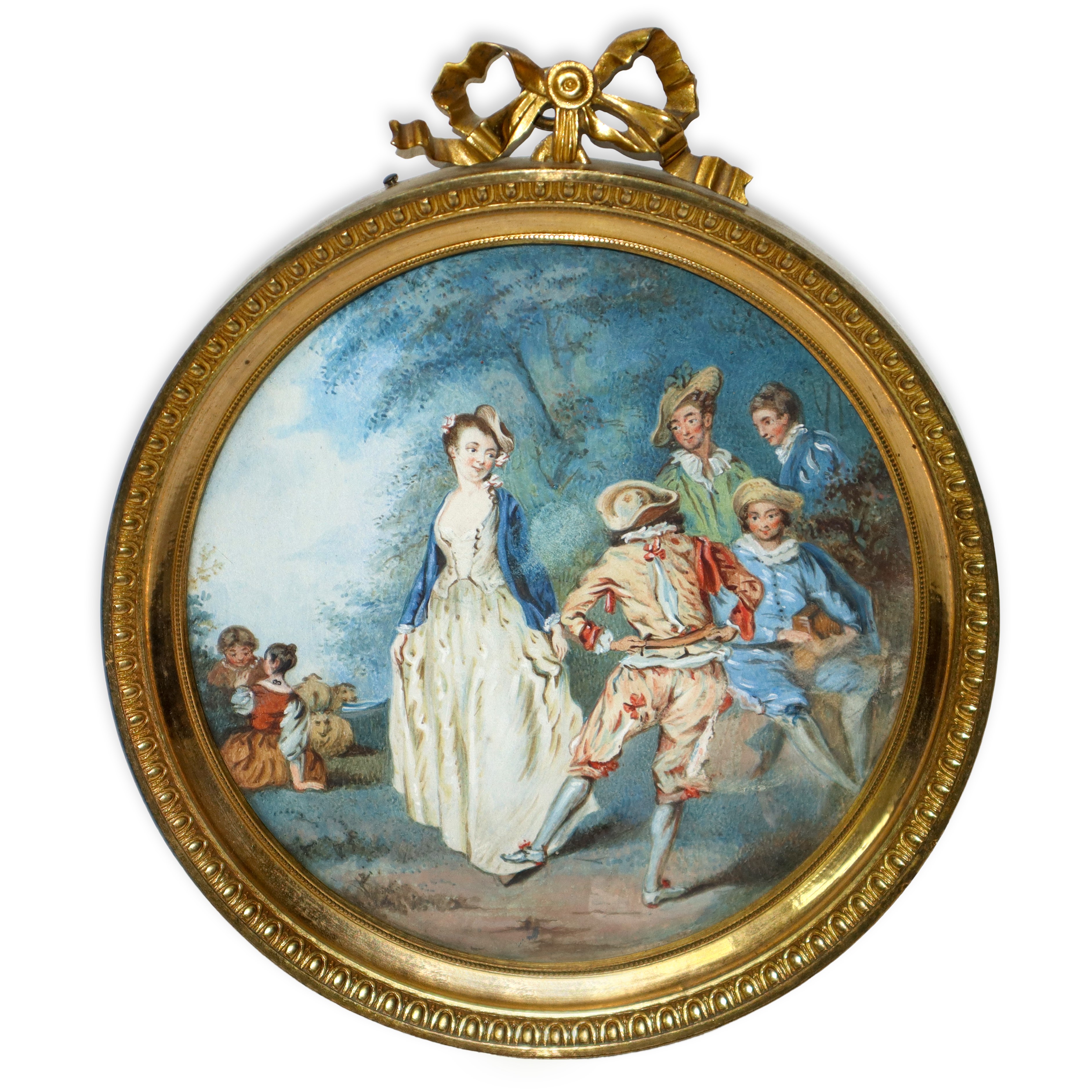 Coppia di scene di genere entro cornice dorata circolare con fiocco sulla parte sommitale