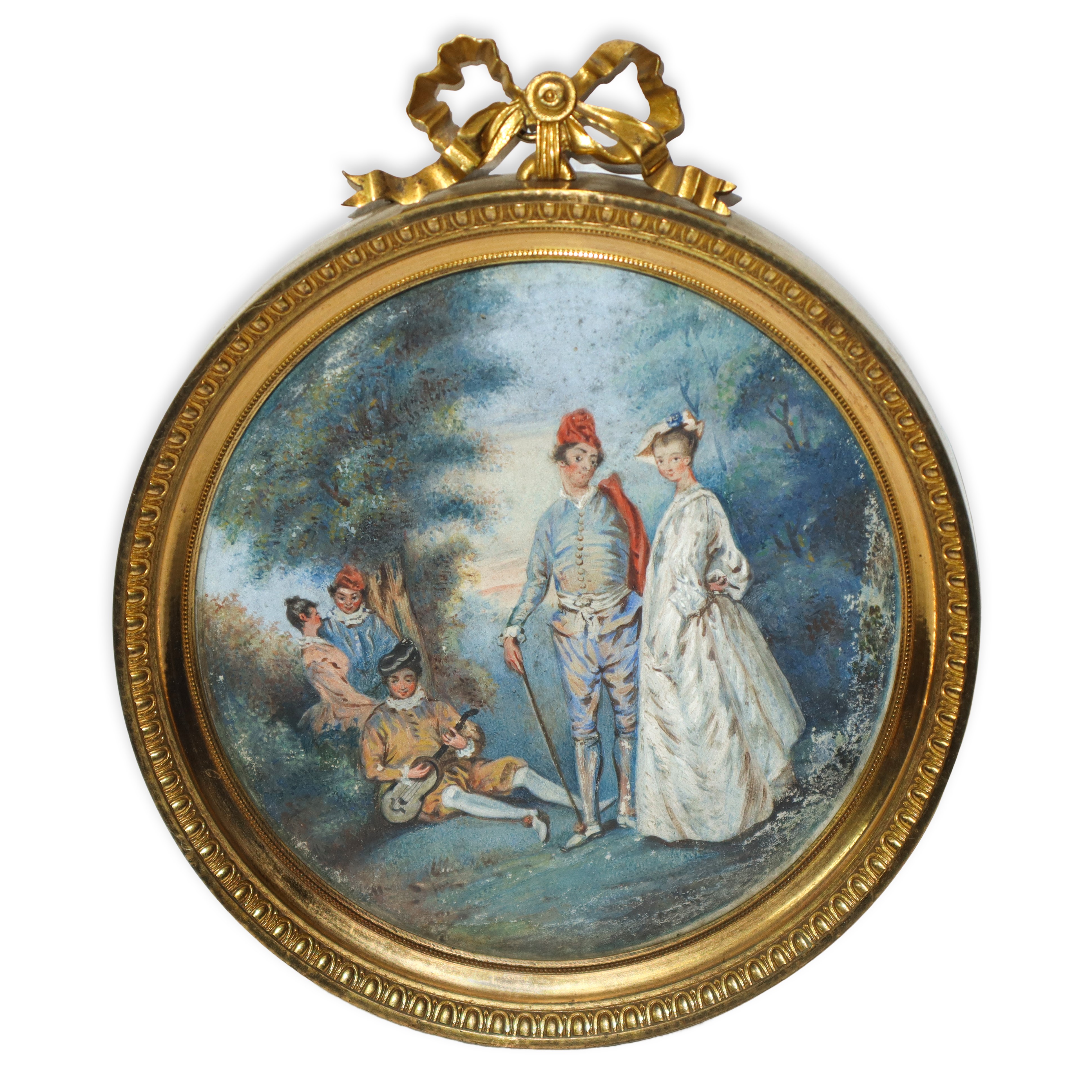 Coppia di scene di genere entro cornice dorata circolare con fiocco sulla parte sommitale