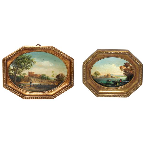 Paesaggio lacustre con castello, coppia di dipinti in cornici ottagonali