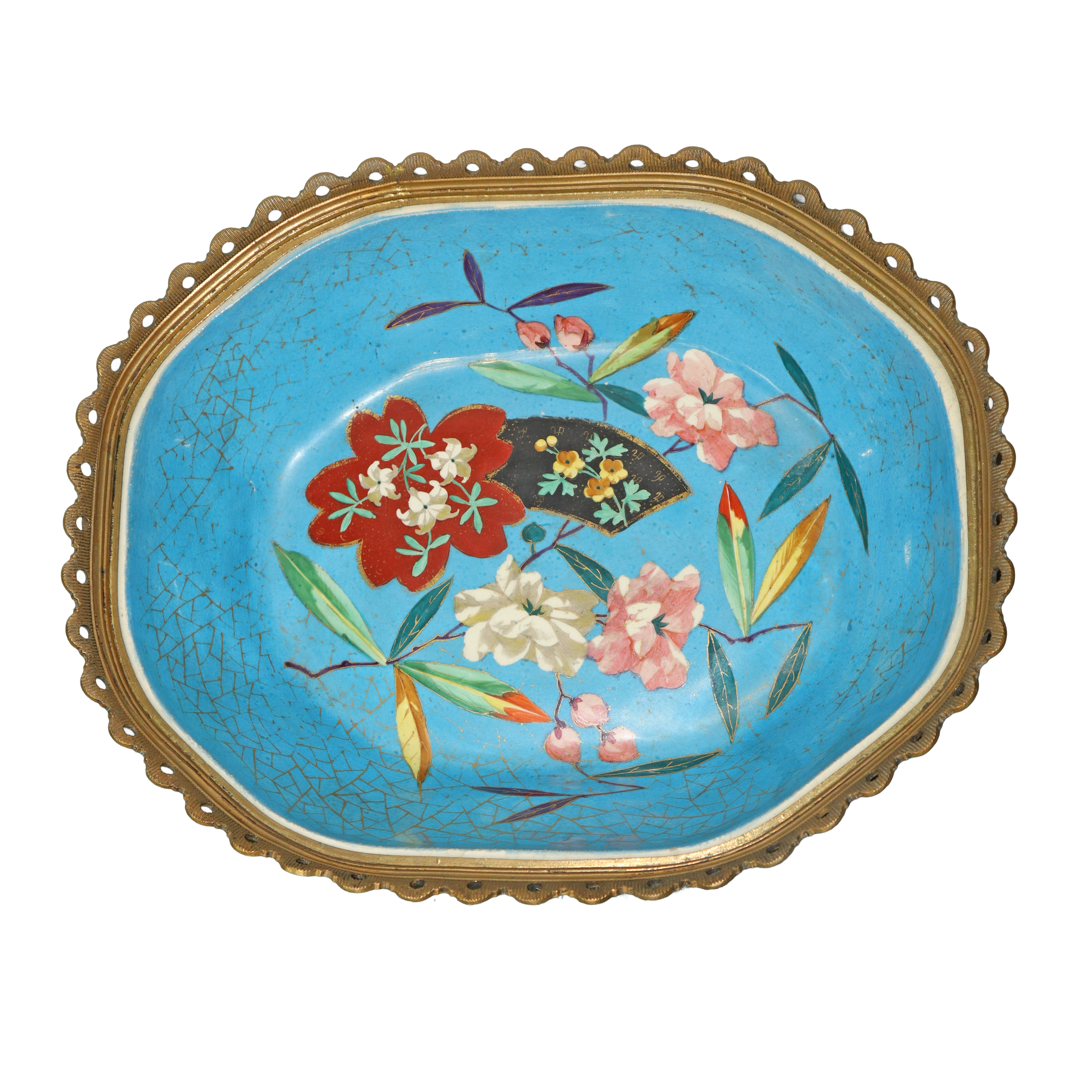 Alzata centrotavola in porcellana e metallo dipinta policroma con decori floreali