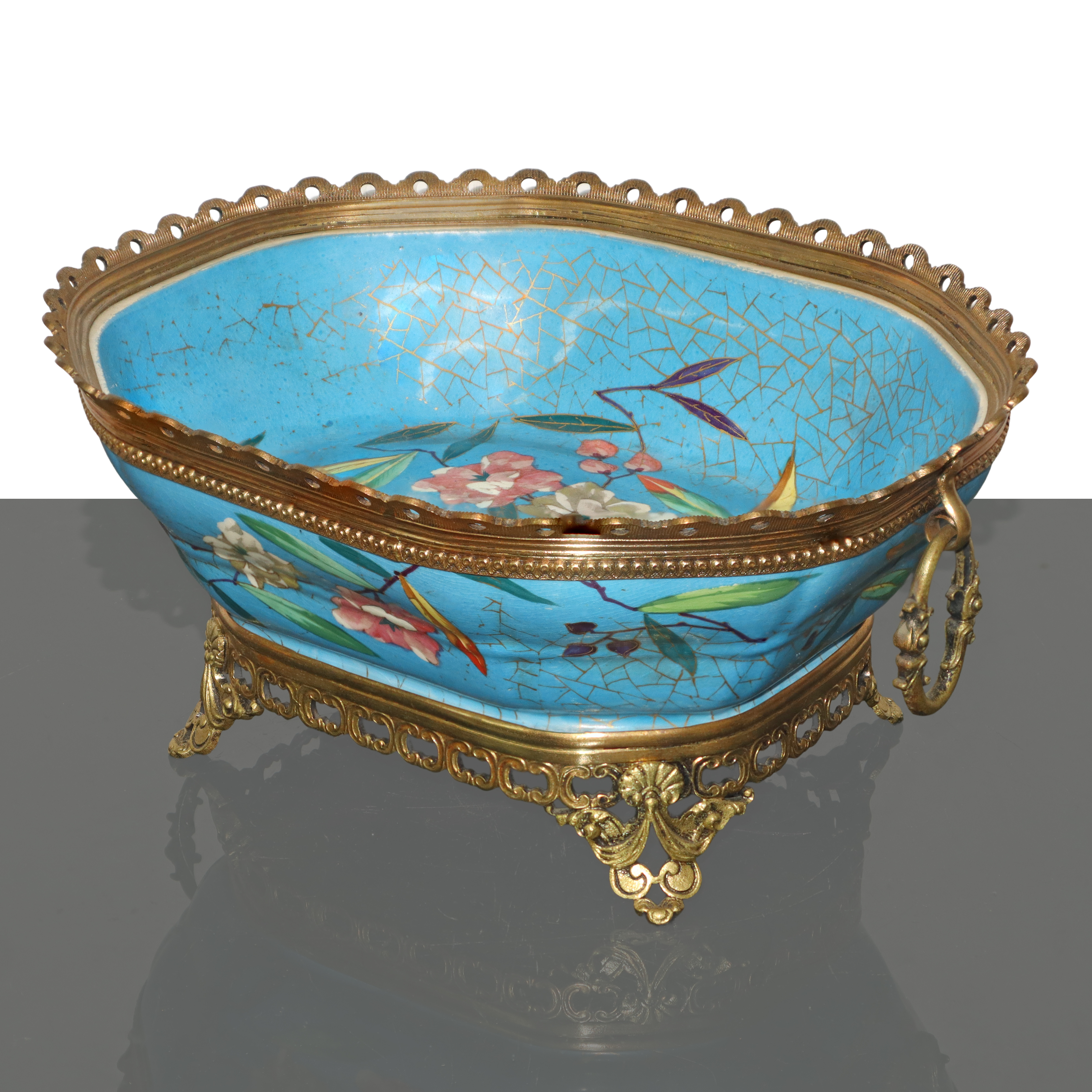 Alzata centrotavola in porcellana e metallo dipinta policroma con decori floreali