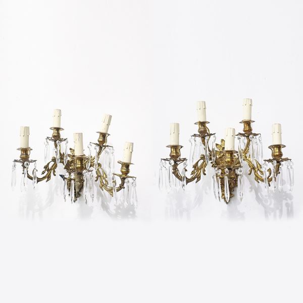 Pair of 5-light wall lamps in gold-plated metal and shimmering brindoli