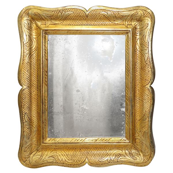 Mirror with tray frame in gilded wood with silver leaf and mixture 