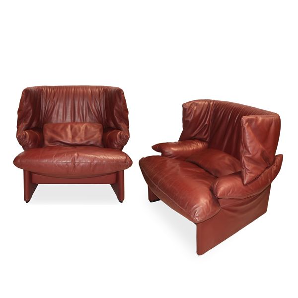 Vico Magistretti per Cassina - Pair of Palmaria armchairs in burgundy leather