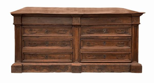 Sacristy furniture in walnut wood, chestnut interior, 17th century, Sicily. Iron handles. 265cm x 90cm x H116 cm