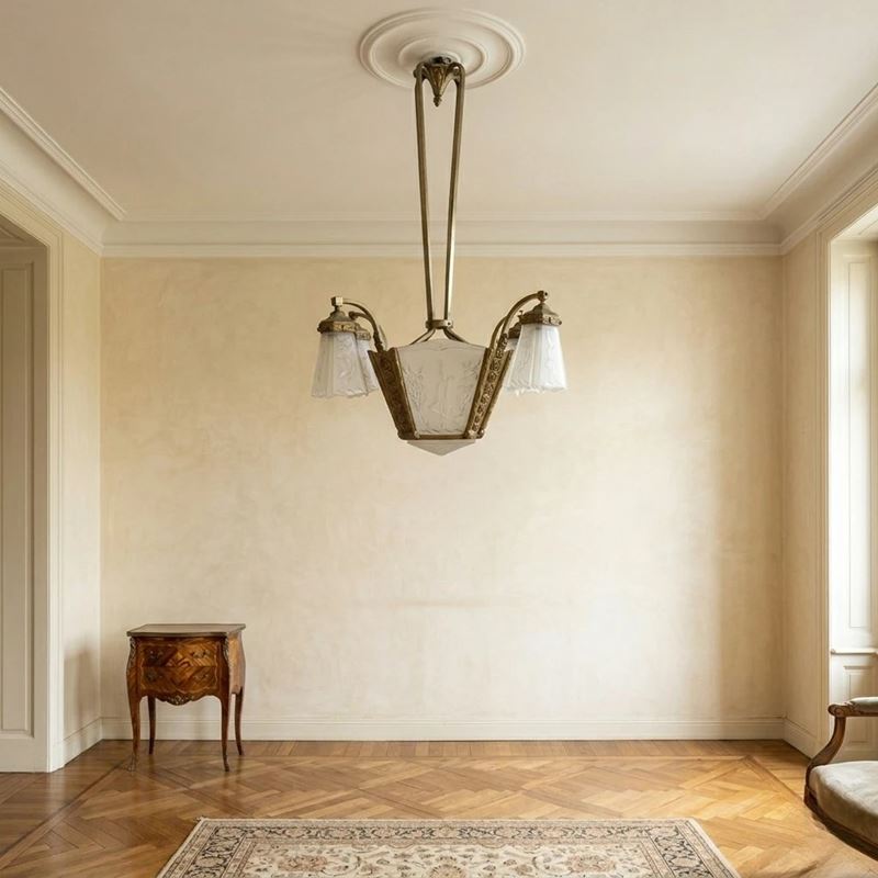 Lampadario Art Decò in vetro molato con decori classici