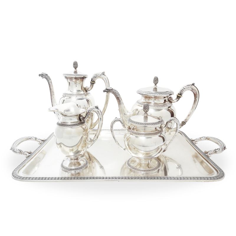 Servizio da tè e caffè in argento 800 stile impero con vassoio