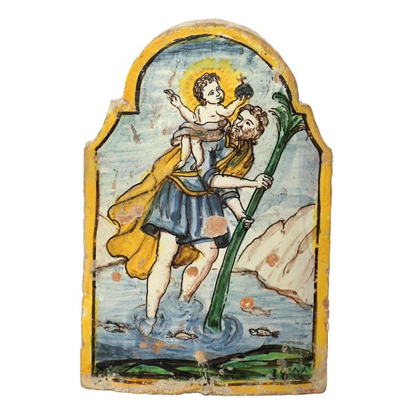 Polychrome majolica plaque depicting Saint Christopher