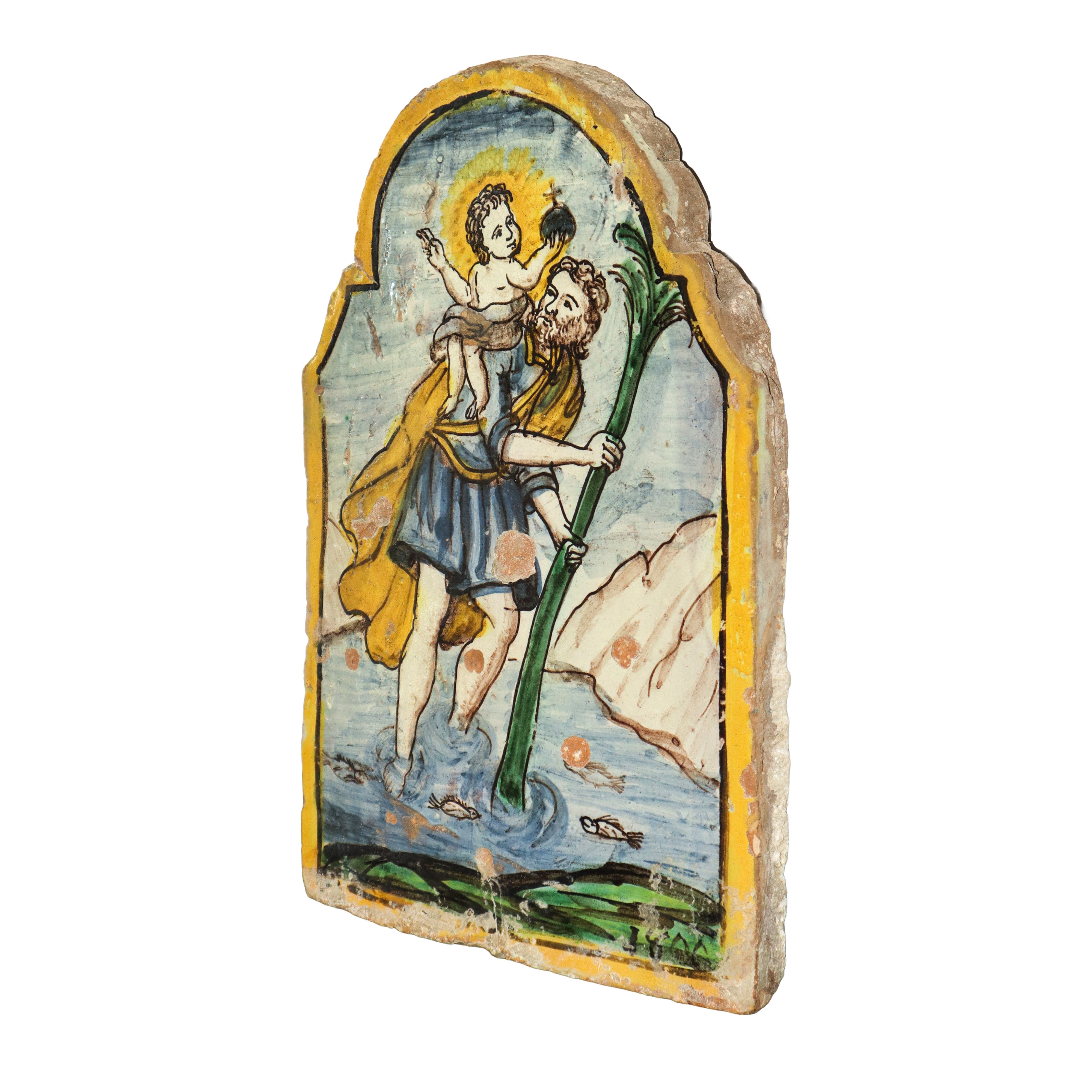 Placca in maiolica policroma raffigurante San Cristoforo