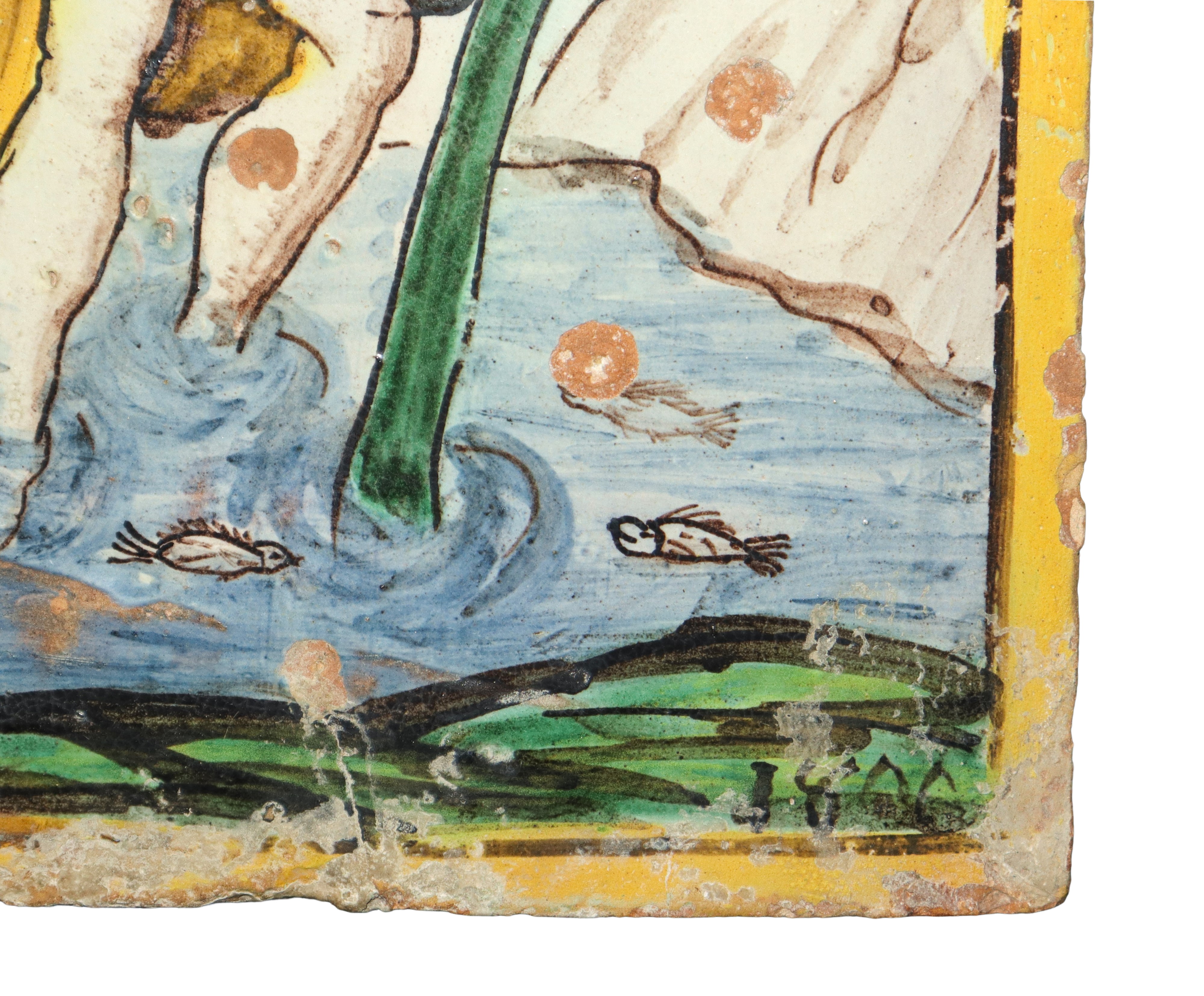 Placca in maiolica policroma raffigurante San Cristoforo