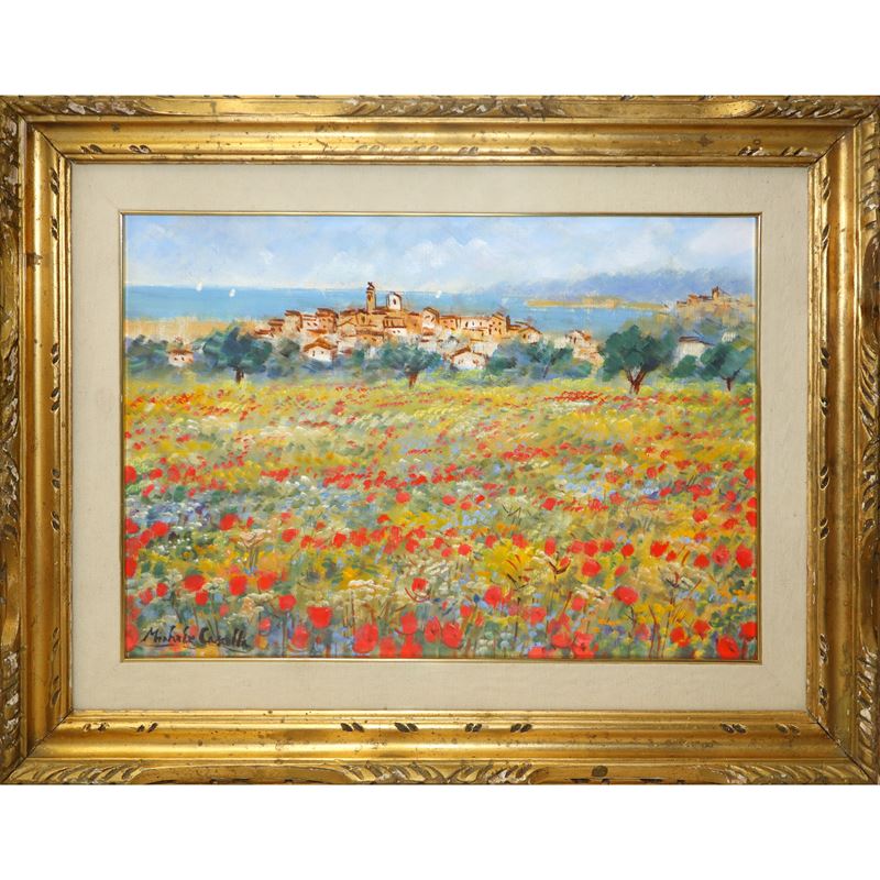 Paesaggio (campo di papaveri con veduta di paese)