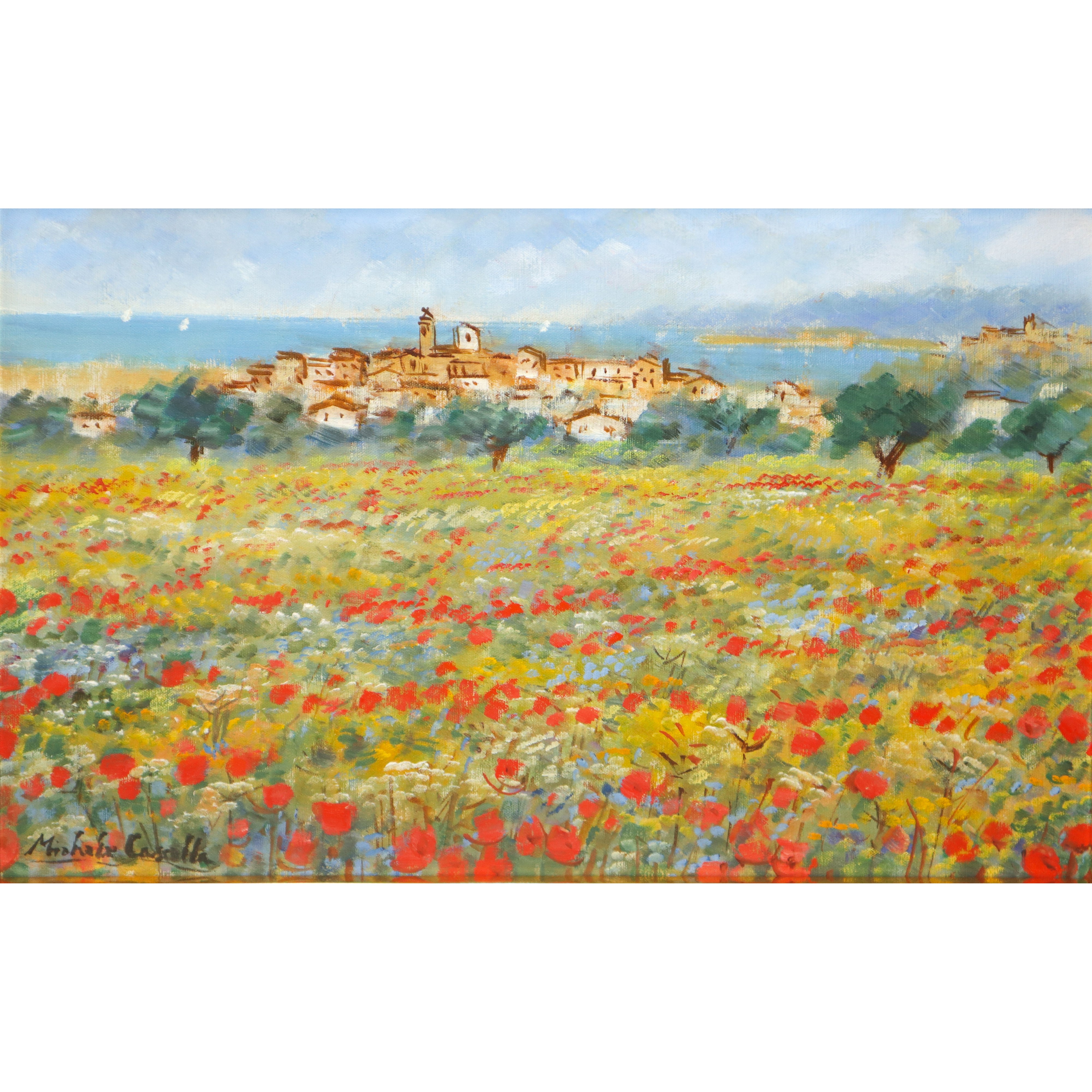 Paesaggio (campo di papaveri con veduta di paese)