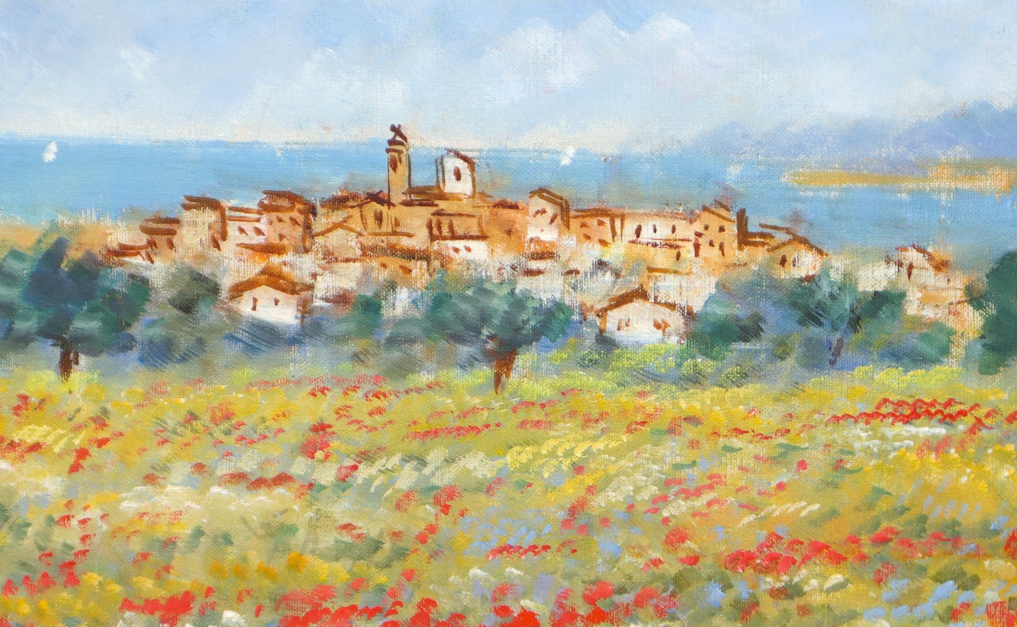 Paesaggio (campo di papaveri con veduta di paese)