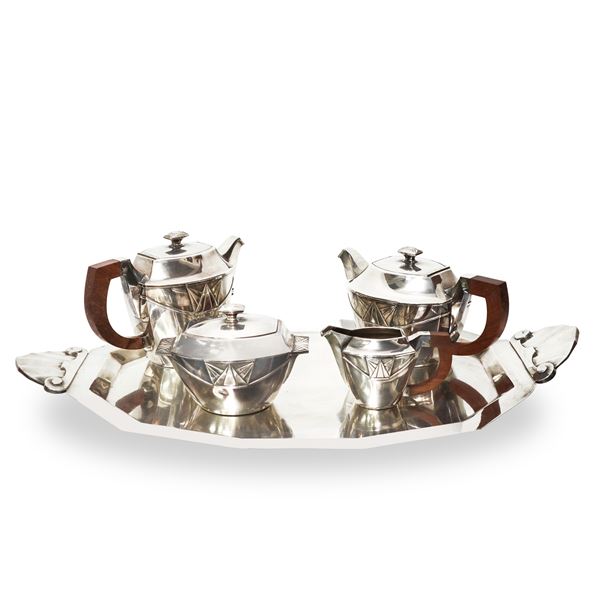 Art Deco silver-plated tea set with geometric decorative motifs