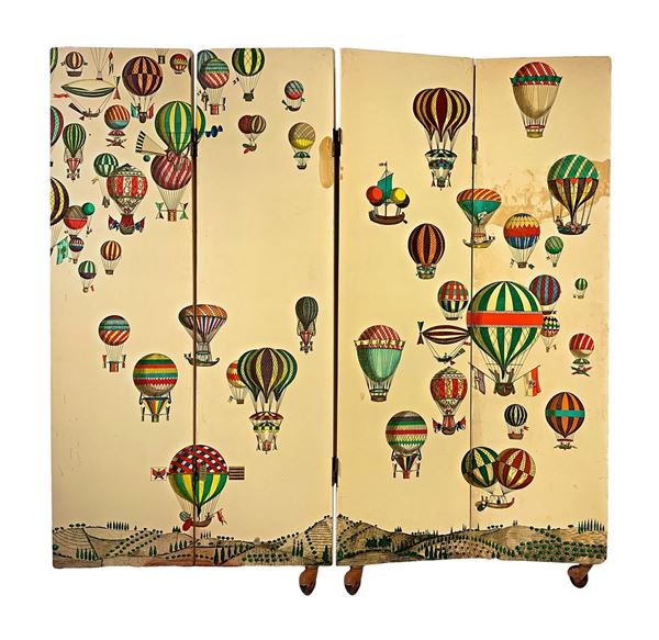 Fornasetti, exceptional folding screen on wheels. 50s, Di Pietro Fornasetti, Italy, lacquered wood structure and screen-printed decoration, ...