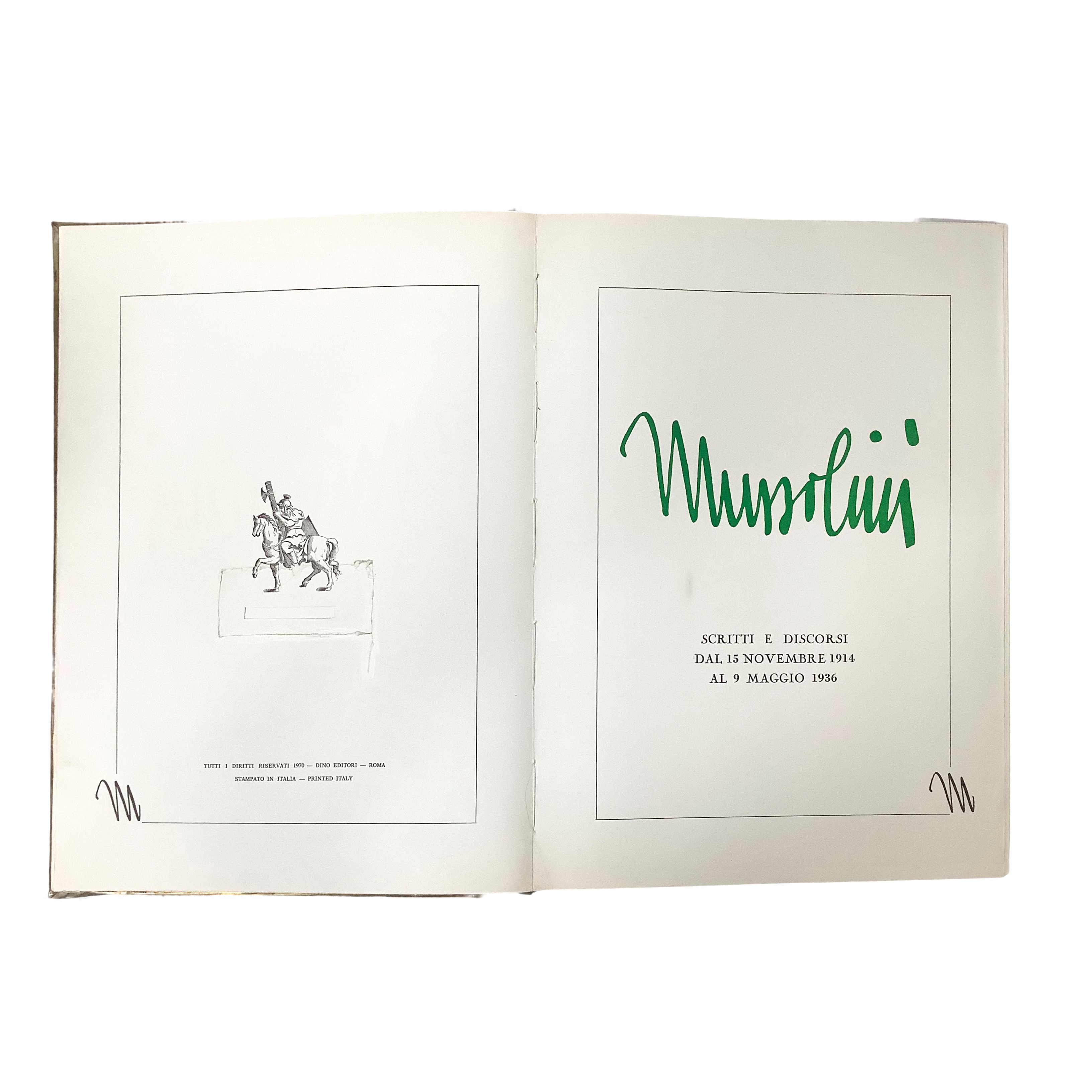 Dino Editori, Mussolini — libro con placca in metallo in custodia tessile verde
