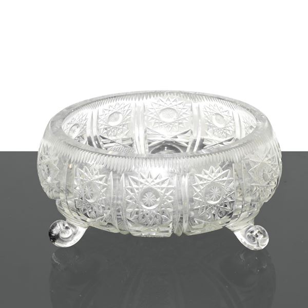 Fruit salad bowl in heavy cut and carved crystal with floral decorations 