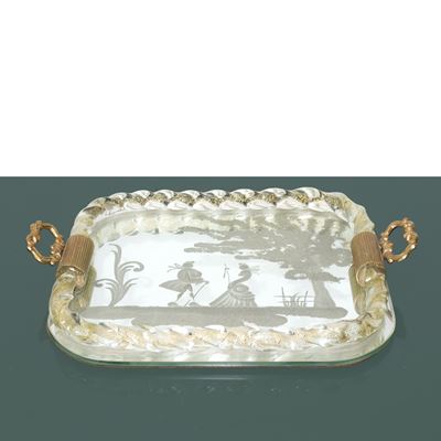 Vassoio in vetro inciso con cornice in vetro di Murano e finitura in oro