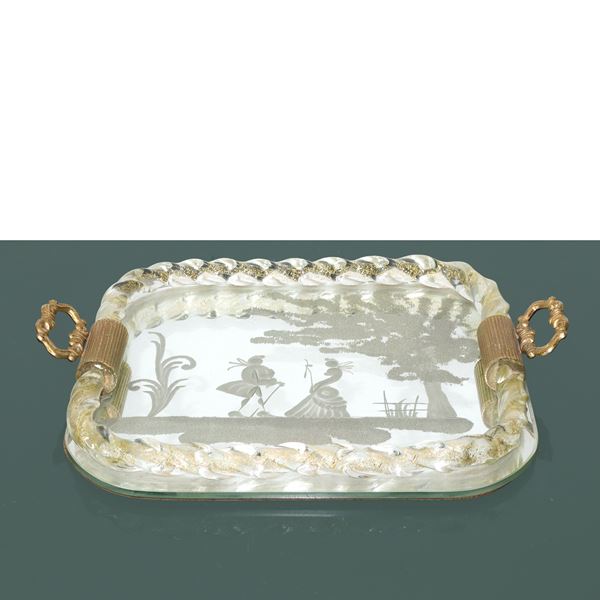 Vassoio in vetro inciso con cornice torchon in vetro di Murano e oro
