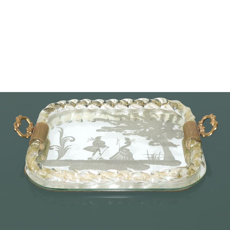 Vassoio in vetro inciso con cornice in vetro di Murano e finitura in oro