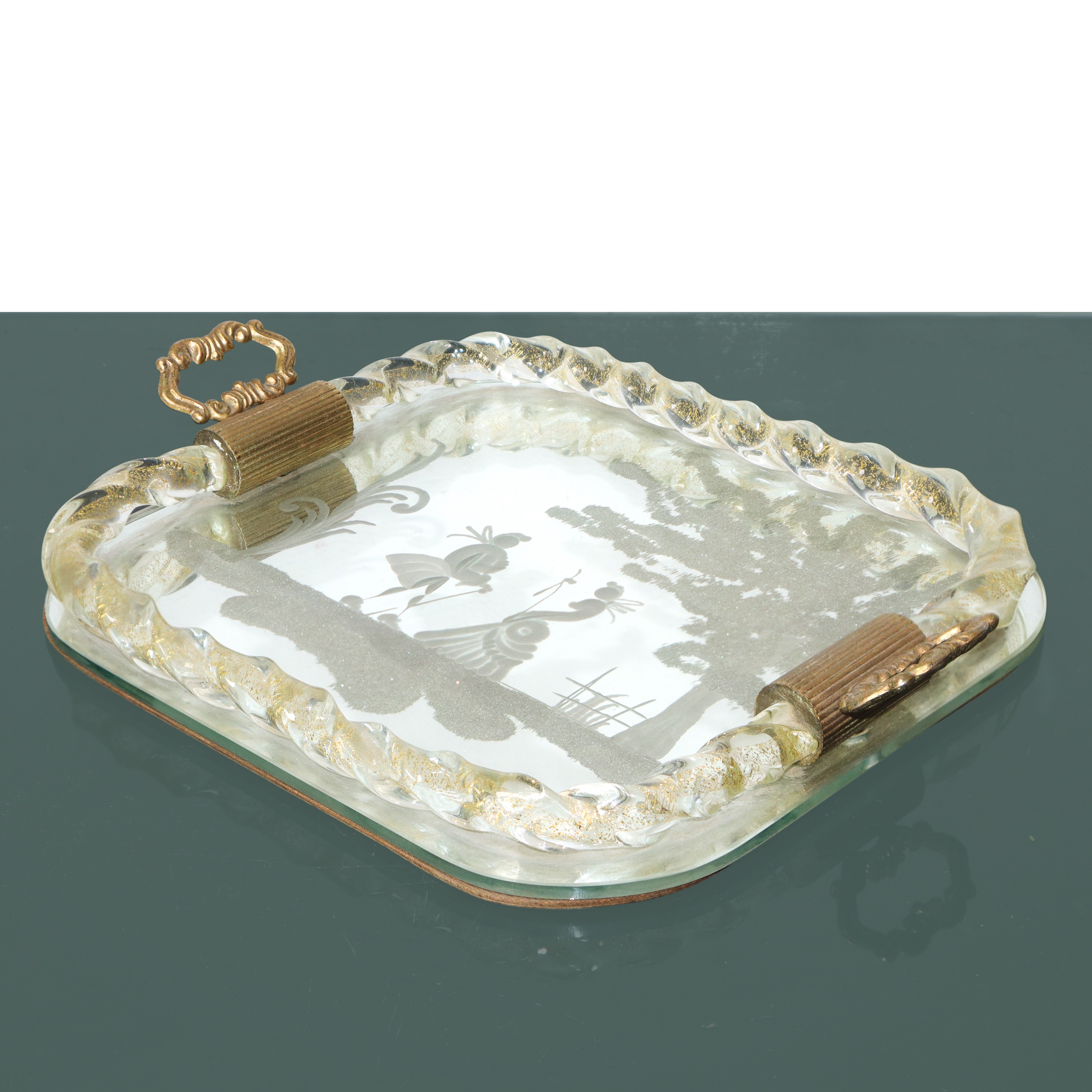 Vassoio in vetro inciso con cornice in vetro di Murano e finitura in oro