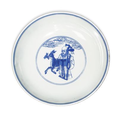 Piattino in Porcellana Cinese Blu e Bianca con Varie Figurazioni Tradizionali