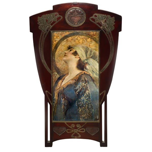 Giuseppe Rambelli - Print of a woman in an Art Nouveau wooden frame with gold metal inlays
