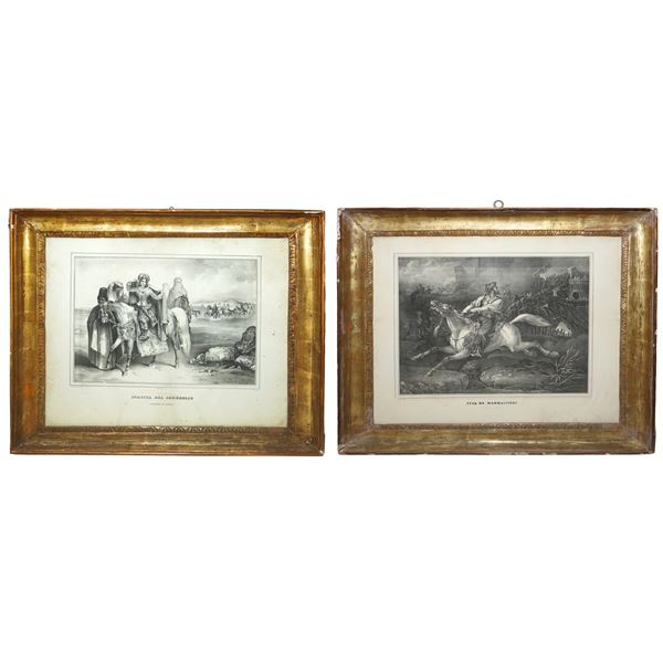 Coppia di cornici impero dorate argento e mistura con stampe