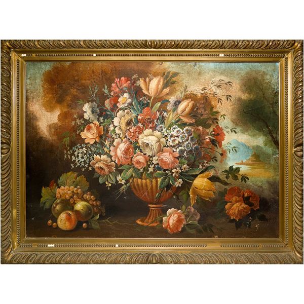 Natura morta con vaso di fiori e frutta