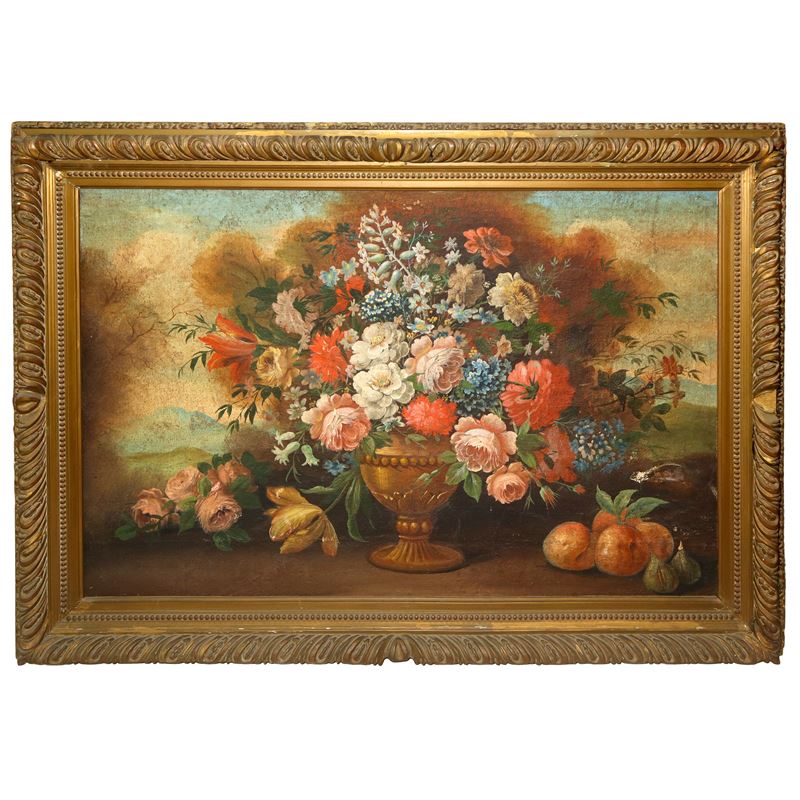 Natura morta con vaso di fiori e frutta