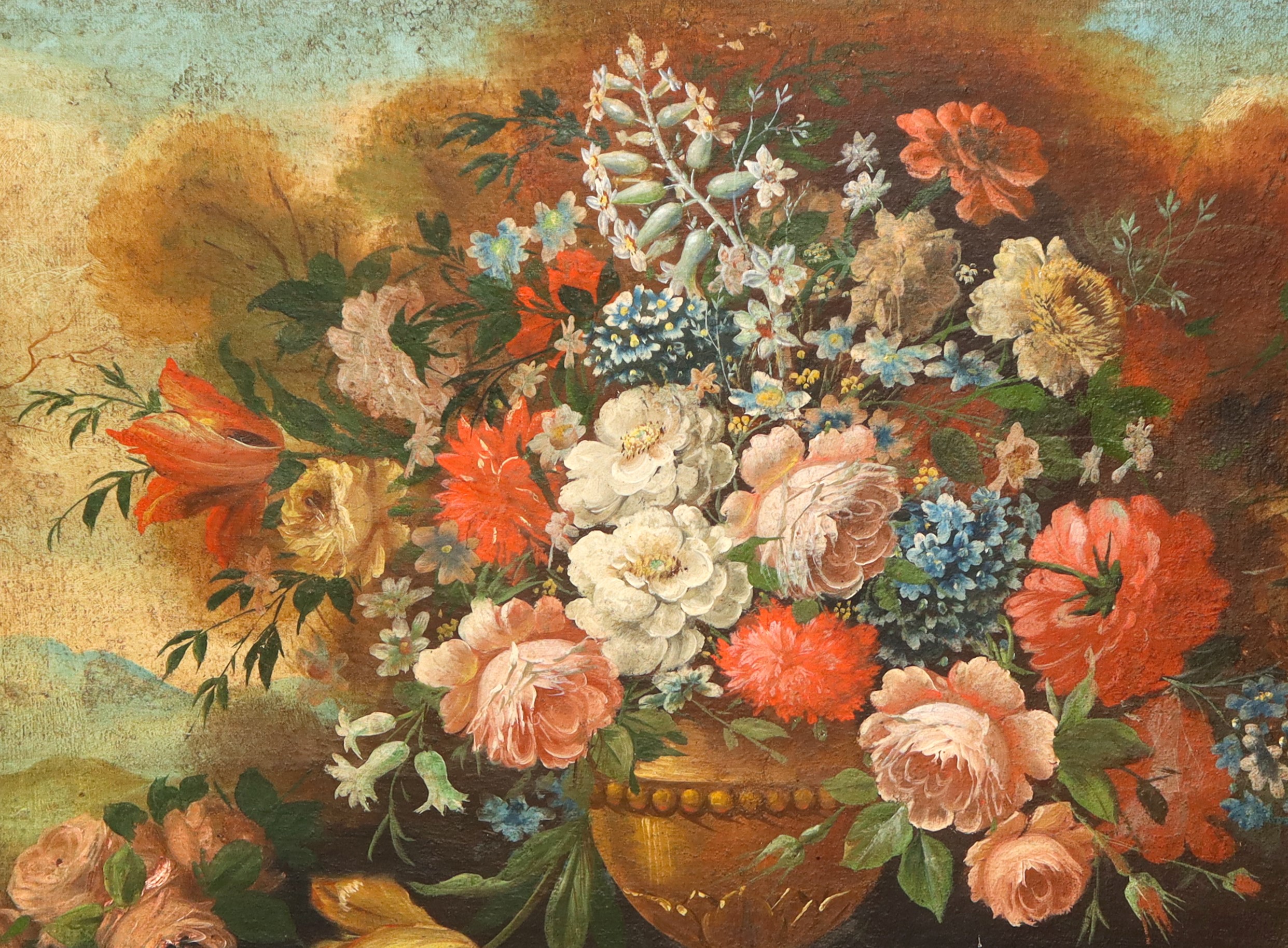 Natura morta con vaso di fiori e frutta