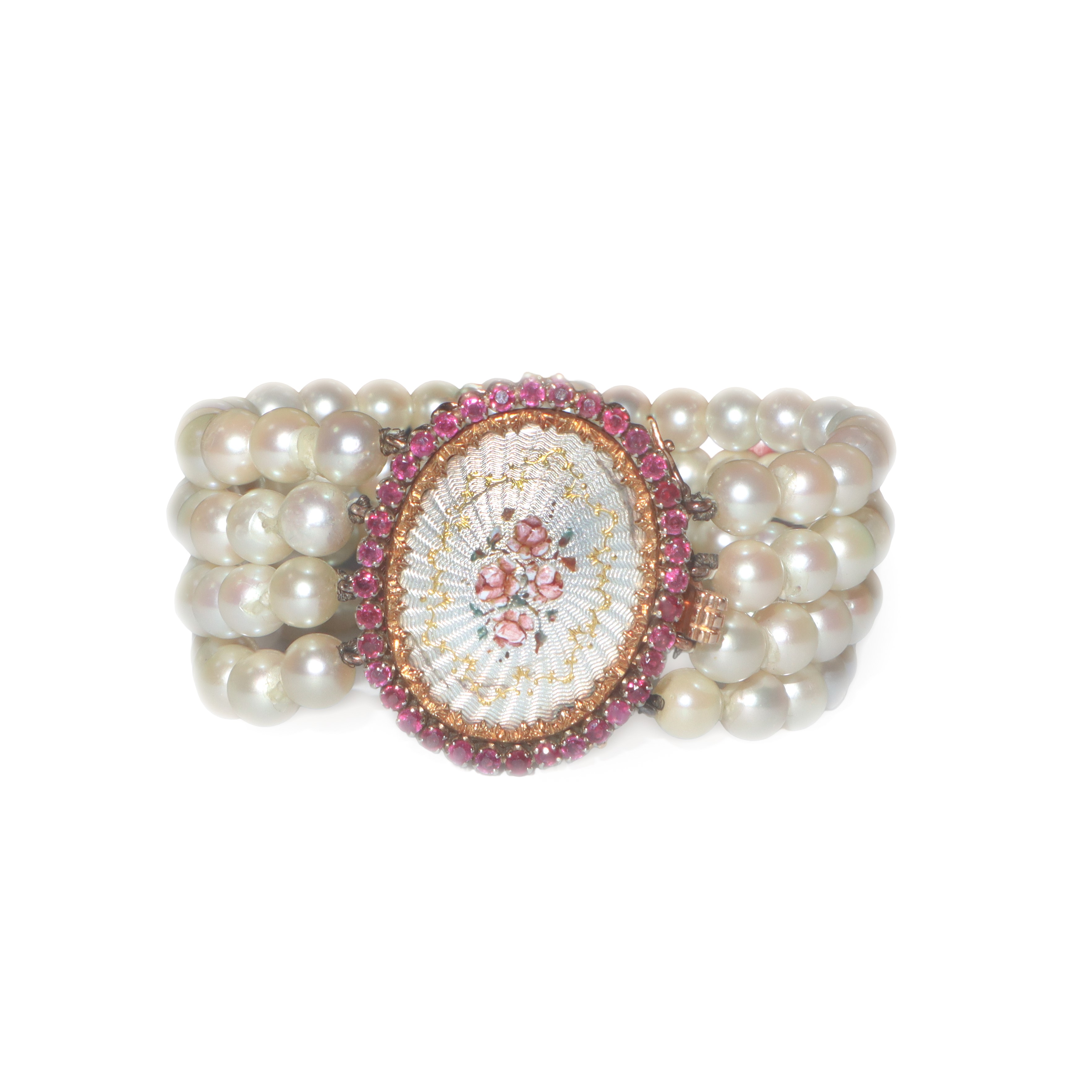 Bracciale con quattro fili di perle, chiusura in oro e micro mosaico, arricchito da scaglie di br...